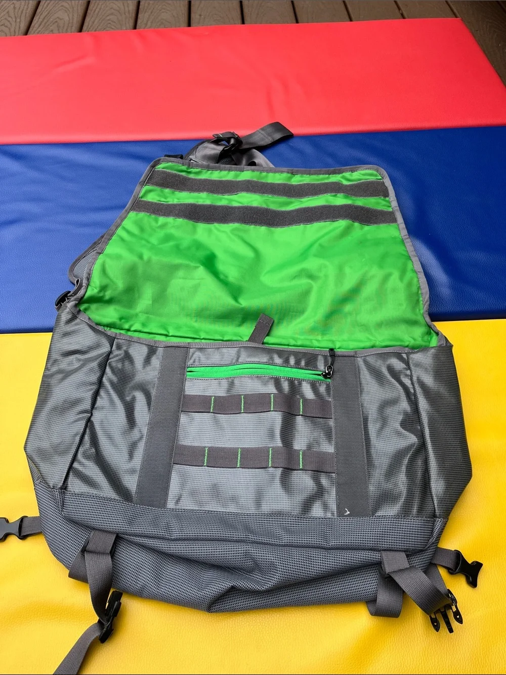 Patagonia’s Gray Messenger Bag with Green Accents older black hole